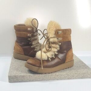 UGG Australia Viki Brown Waterproof Leather Sherpa Boots Womens 6